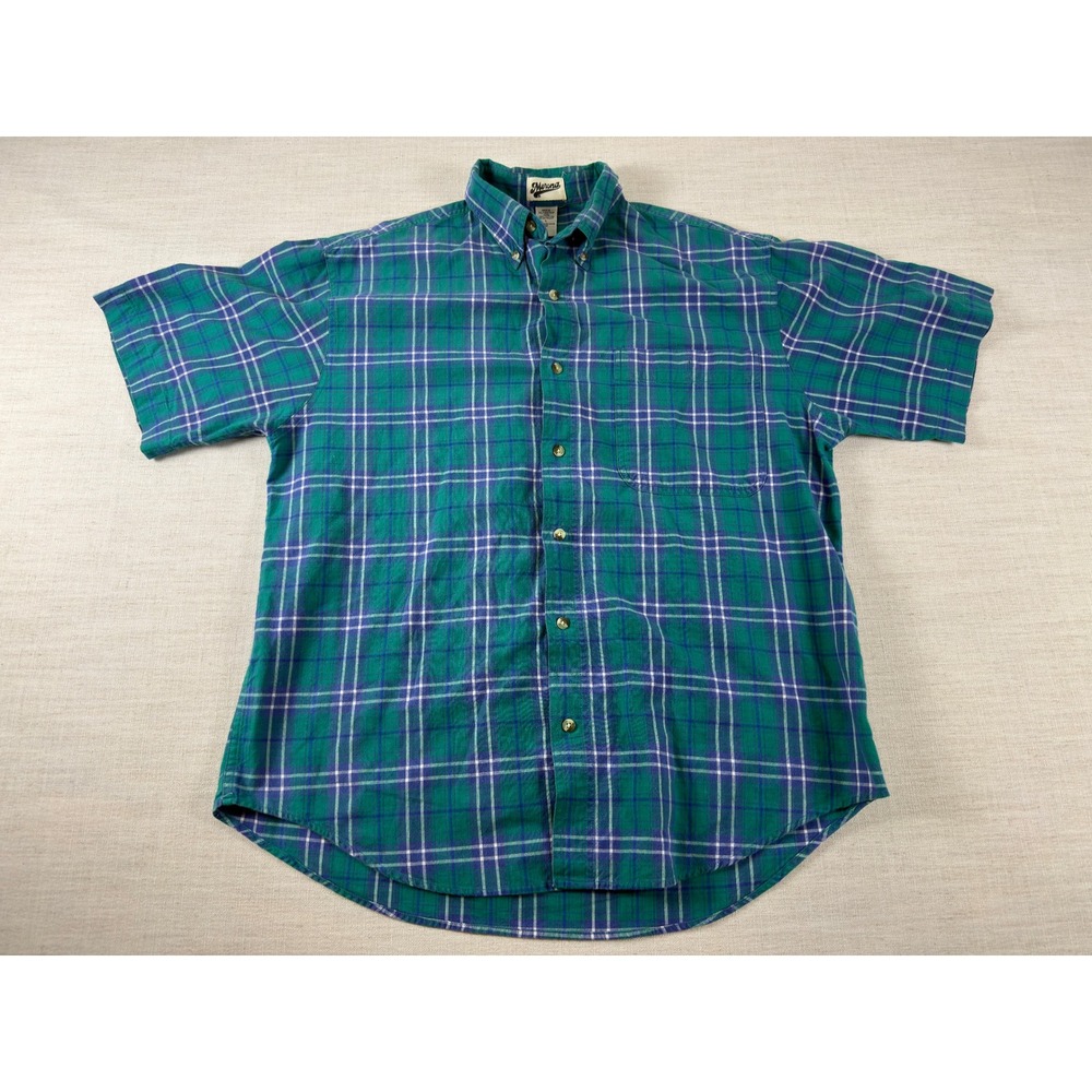 Merona Mens Plaid Button Down Shirt Green Blue Short Sleeve Cotton Size L